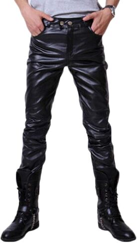 Andongnywell Men's Black Slim Fit Soft PU Faux Leather Biker Pants Man's Business Pockets Leathers Pants in Saudi Arabia