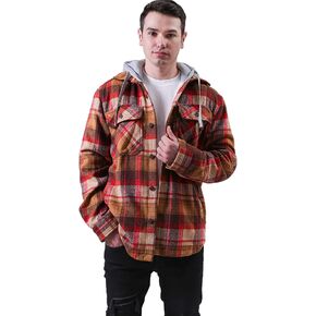 Polydeer Men's Long Sleeve Plaid Shirt Flannel Fleece Lined Jacket w/Detachable Hood Heavyweight Button Down Pocketed Coats in Saudi Arabia
