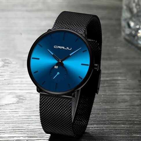 Mens Watches Ultra-Thin Minimalist Waterproof-Fashion Wrist Watch for Men Unisex Dress with Stainless Steel Mesh Band-Blue Hands（Black Band Blue Face） in Saudi Arabia