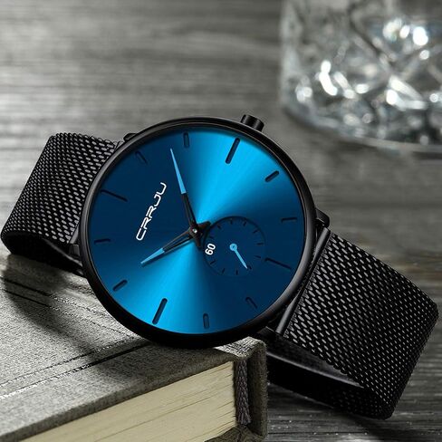 Mens Watches Ultra-Thin Minimalist Waterproof-Fashion Wrist Watch for Men Unisex Dress with Stainless Steel Mesh Band-Blue Hands（Black Band Blue Face） in Saudi Arabia