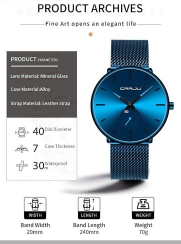Mens Watches Ultra-Thin Minimalist Waterproof-Fashion Wrist Watch for Men Unisex Dress with Stainless Steel Mesh Band-Blue Hands（Black Band Blue Face） in Saudi Arabia