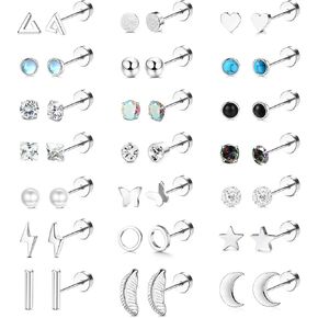 SAILIMUE 21Pairs Stainless Steel Stud Earrings Set for Women Men 20G Tiny Cartilage Stud Earrings Star Moon Triangle Heart Leaf Opal Stud Earrings Hypoallergenic Flat back Earrings Piercing Jewelry