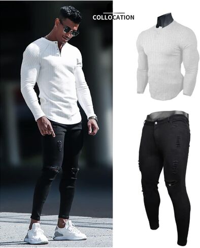 Muscle Cmdr Men's Ribbed Henley Shirt Short Sleeve Slim Fit Muscle Shirt Fitted Cotton Casual Long Sleeve in Saudi Arabia