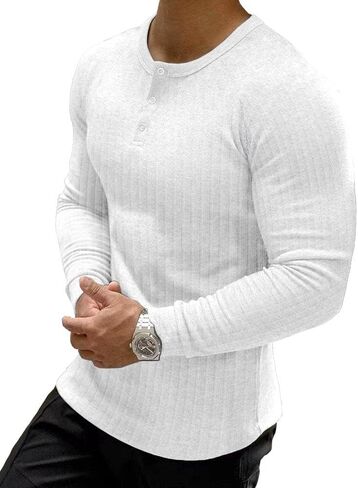 Muscle Cmdr Men's Ribbed Henley Shirt Short Sleeve Slim Fit Muscle Shirt Fitted Cotton Casual Long Sleeve in Saudi Arabia