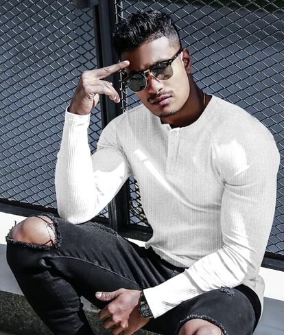 Muscle Cmdr Men's Ribbed Henley Shirt Short Sleeve Slim Fit Muscle Shirt Fitted Cotton Casual Long Sleeve in Saudi Arabia