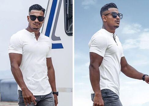 Muscle Cmdr Men's Ribbed Henley Shirt Short Sleeve Slim Fit Muscle Shirt Fitted Cotton Casual Long Sleeve in Saudi Arabia
