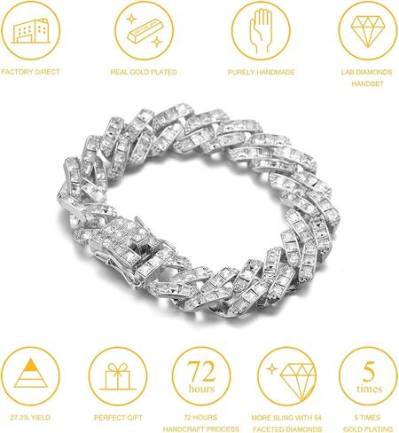 Halukakah Diamond Gold Chain for Men Iced Out,16MM Colored/White Zircon 18k Gold Plated/Platinum White Gold Finish Bracelet,Full Cz Diamond Cut Prong Set,Gift for Him in Saudi Arabia