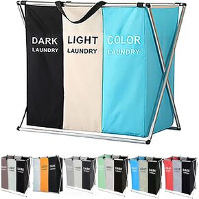 135L Laundry Cloth Hamper Sorter Basket Bin Foldable 3 Sections with Aluminum Frame 26''×24''H Washing Storage Dirty Clothes Bag for Bathroom Bedroom Home Storage basket (3 Liner, Black+white+blue)