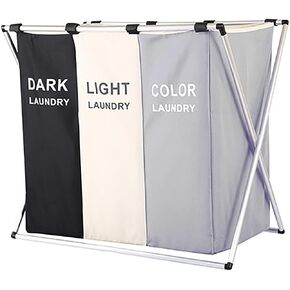 135L Laundry Cloth Hamper Sorter Basket Bin Foldable 3 Sections with Aluminum Frame 26''×24''H Washing Storage Dirty Clothes Bag for Bathroom Bedroom Home Storage basket (3 Liner, Black+white+blue)