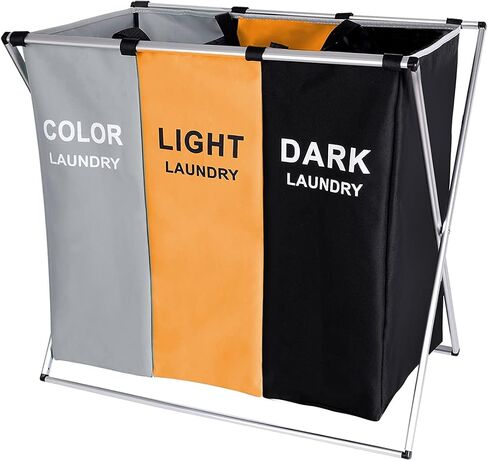 135L Laundry Cloth Hamper Sorter Basket Bin Foldable 3 Sections with Aluminum Frame 26''×24''H Washing Storage Dirty Clothes Bag for Bathroom Bedroom Home Storage basket (3 Liner, Black+white+blue) in Saudi Arabia