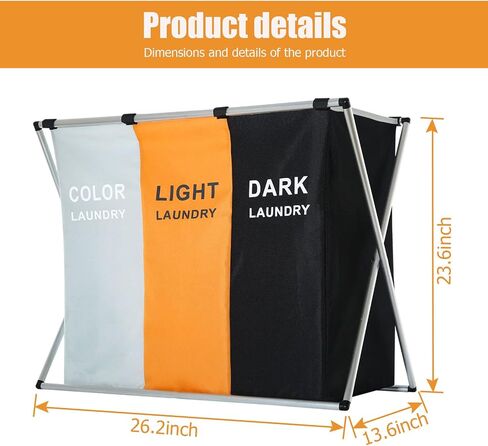 135L Laundry Cloth Hamper Sorter Basket Bin Foldable 3 Sections with Aluminum Frame 26''×24''H Washing Storage Dirty Clothes Bag for Bathroom Bedroom Home Storage basket (3 Liner, Black+white+blue) in Saudi Arabia