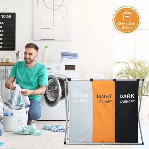 135L Laundry Cloth Hamper Sorter Basket Bin Foldable 3 Sections with Aluminum Frame 26''×24''H Washing Storage Dirty Clothes Bag for Bathroom Bedroom Home Storage basket (3 Liner, Black+white+blue) in Saudi Arabia