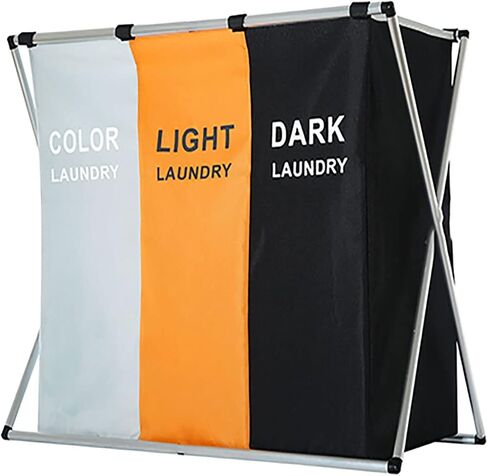 135L Laundry Cloth Hamper Sorter Basket Bin Foldable 3 Sections with Aluminum Frame 26''×24''H Washing Storage Dirty Clothes Bag for Bathroom Bedroom Home Storage basket (3 Liner, Black+white+blue) in Saudi Arabia