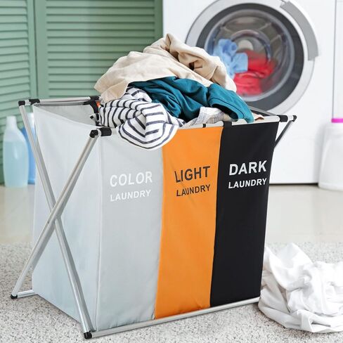 135L Laundry Cloth Hamper Sorter Basket Bin Foldable 3 Sections with Aluminum Frame 26''×24''H Washing Storage Dirty Clothes Bag for Bathroom Bedroom Home Storage basket (3 Liner, Black+white+blue) in Saudi Arabia