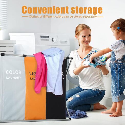 135L Laundry Cloth Hamper Sorter Basket Bin Foldable 3 Sections with Aluminum Frame 26''×24''H Washing Storage Dirty Clothes Bag for Bathroom Bedroom Home Storage basket (3 Liner, Black+white+blue) in Saudi Arabia