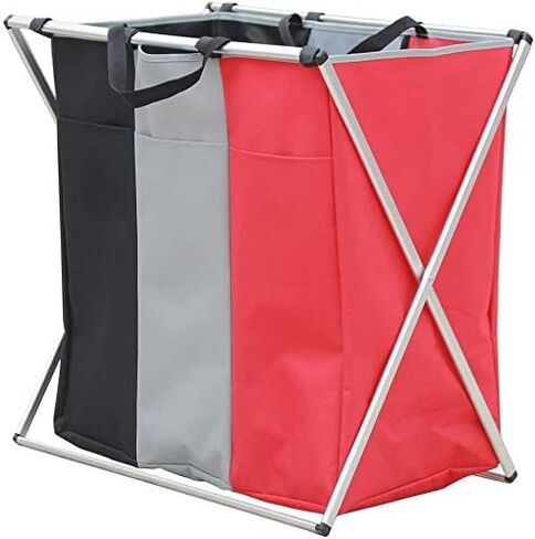 135L Laundry Cloth Hamper Sorter Basket Bin Foldable 3 Sections with Aluminum Frame 26''×24''H Washing Storage Dirty Clothes Bag for Bathroom Bedroom Home Storage basket (3 Liner, Black+white+blue) in Saudi Arabia