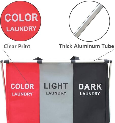 135L Laundry Cloth Hamper Sorter Basket Bin Foldable 3 Sections with Aluminum Frame 26''×24''H Washing Storage Dirty Clothes Bag for Bathroom Bedroom Home Storage basket (3 Liner, Black+white+blue) in Saudi Arabia