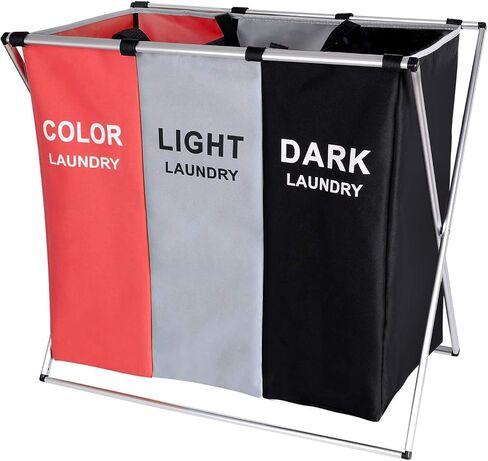 135L Laundry Cloth Hamper Sorter Basket Bin Foldable 3 Sections with Aluminum Frame 26''×24''H Washing Storage Dirty Clothes Bag for Bathroom Bedroom Home Storage basket (3 Liner, Black+white+blue) in Saudi Arabia
