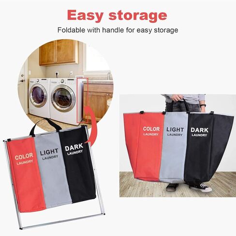 135L Laundry Cloth Hamper Sorter Basket Bin Foldable 3 Sections with Aluminum Frame 26''×24''H Washing Storage Dirty Clothes Bag for Bathroom Bedroom Home Storage basket (3 Liner, Black+white+blue) in Saudi Arabia