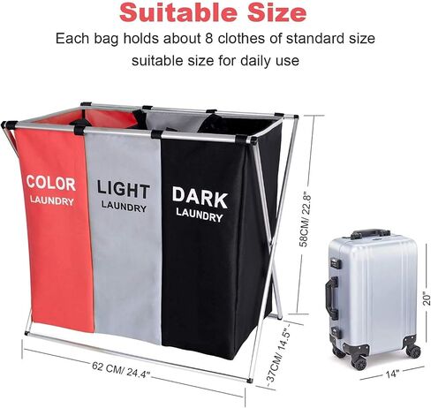 135L Laundry Cloth Hamper Sorter Basket Bin Foldable 3 Sections with Aluminum Frame 26''×24''H Washing Storage Dirty Clothes Bag for Bathroom Bedroom Home Storage basket (3 Liner, Black+white+blue) in Saudi Arabia
