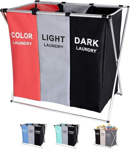135L Laundry Cloth Hamper Sorter Basket Bin Foldable 3 Sections with Aluminum Frame 26''×24''H Washing Storage Dirty Clothes Bag for Bathroom Bedroom Home Storage basket (3 Liner, Black+white+blue) in Saudi Arabia