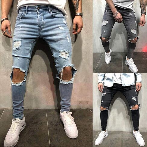 Andongnywell Men's Ripped Stretchy Knee Destroyed Slim Jeans Tapered Leg Denim Pants Zipper Pencil Pant in Saudi Arabia