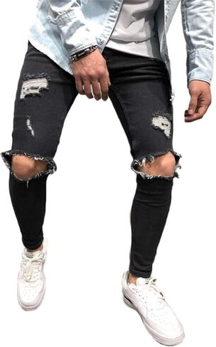 Andongnywell Men's Ripped Stretchy Knee Destroyed Slim Jeans Tapered Leg Denim Pants Zipper Pencil Pant in Saudi Arabia