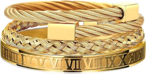FUNEIA 3PCS Gold Bracelet for Men Stainless Steel Mens Cuff Bracelet Twisted Cable Bracelet Roman Numeral Bangle Bracelet Luxury Bracelets Jewelry Gifts in Saudi Arabia