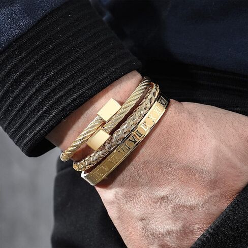 FUNEIA 3PCS Gold Bracelet for Men Stainless Steel Mens Cuff Bracelet Twisted Cable Bracelet Roman Numeral Bangle Bracelet Luxury Bracelets Jewelry Gifts in Saudi Arabia
