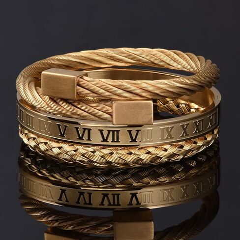 FUNEIA 3PCS Gold Bracelet for Men Stainless Steel Mens Cuff Bracelet Twisted Cable Bracelet Roman Numeral Bangle Bracelet Luxury Bracelets Jewelry Gifts in Saudi Arabia