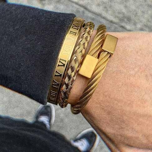 FUNEIA 3PCS Gold Bracelet for Men Stainless Steel Mens Cuff Bracelet Twisted Cable Bracelet Roman Numeral Bangle Bracelet Luxury Bracelets Jewelry Gifts in Saudi Arabia