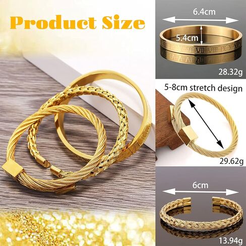FUNEIA 3PCS Gold Bracelet for Men Stainless Steel Mens Cuff Bracelet Twisted Cable Bracelet Roman Numeral Bangle Bracelet Luxury Bracelets Jewelry Gifts in Saudi Arabia