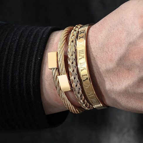 FUNEIA 3PCS Gold Bracelet for Men Stainless Steel Mens Cuff Bracelet Twisted Cable Bracelet Roman Numeral Bangle Bracelet Luxury Bracelets Jewelry Gifts in Saudi Arabia