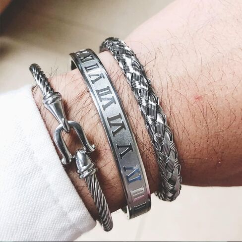 FUNEIA 3PCS Gold Bracelet for Men Stainless Steel Mens Cuff Bracelet Twisted Cable Bracelet Roman Numeral Bangle Bracelet Luxury Bracelets Jewelry Gifts in Saudi Arabia