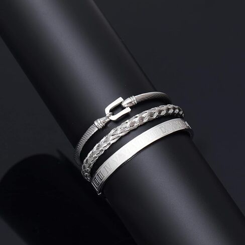 FUNEIA 3PCS Gold Bracelet for Men Stainless Steel Mens Cuff Bracelet Twisted Cable Bracelet Roman Numeral Bangle Bracelet Luxury Bracelets Jewelry Gifts in Saudi Arabia