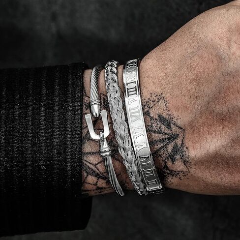 FUNEIA 3PCS Gold Bracelet for Men Stainless Steel Mens Cuff Bracelet Twisted Cable Bracelet Roman Numeral Bangle Bracelet Luxury Bracelets Jewelry Gifts in Saudi Arabia