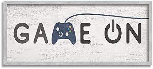 Stupell Industries Game On Video Gamer Phrase Blue Vintage Controller, Designed by Daphne Polselli Gray Framed Wall Art, 13 x 30, Grey in Saudi Arabia