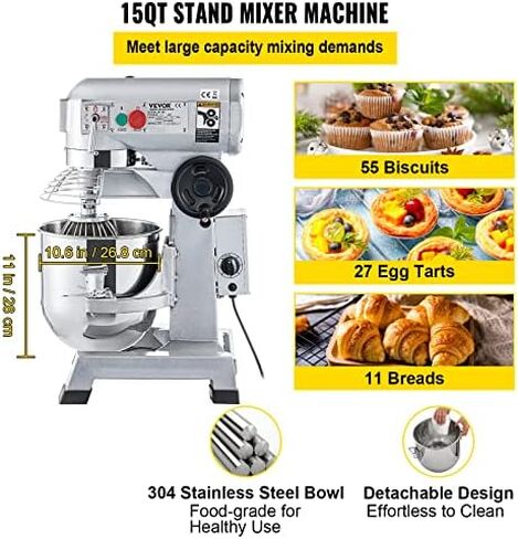 VEVOR Commercial Stand Mixer, 15Qt Stainless Steel Bowl, 500W Heavy Duty Electric Food Mixer with 3 Speeds Adjustable 113/184/341 RPM, Dough Hook Whisk Beater Included, Perfect for Bakery Pizzeria in Saudi Arabia