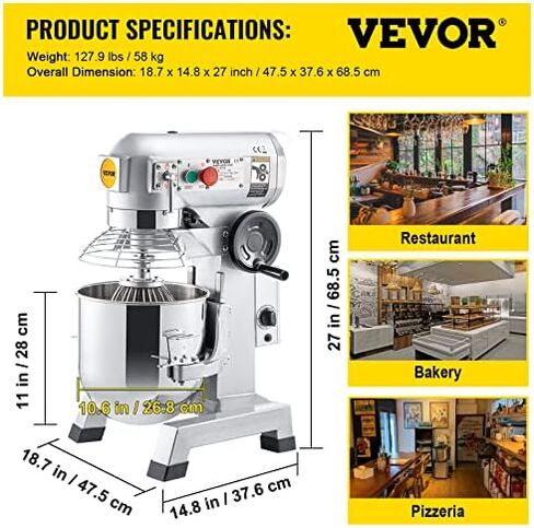 VEVOR Commercial Stand Mixer, 15Qt Stainless Steel Bowl, 500W Heavy Duty Electric Food Mixer with 3 Speeds Adjustable 113/184/341 RPM, Dough Hook Whisk Beater Included, Perfect for Bakery Pizzeria in Saudi Arabia