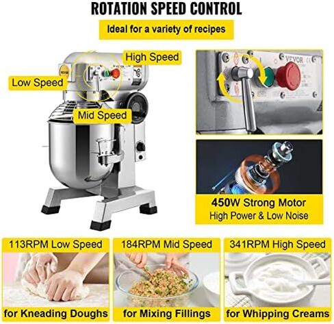 VEVOR Commercial Stand Mixer, 10Qt Stainless Steel Bowl, 450W Heavy Duty Electric Food Mixer with 3 Speeds Adjustable 113/184/341 RPM, Dough Hook Whisk Beater Included, Perfect for Bakery Pizzeria in Kuwait