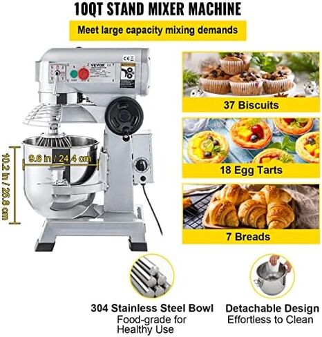 VEVOR Commercial Stand Mixer, 10Qt Stainless Steel Bowl, 450W Heavy Duty Electric Food Mixer with 3 Speeds Adjustable 113/184/341 RPM, Dough Hook Whisk Beater Included, Perfect for Bakery Pizzeria in Kuwait