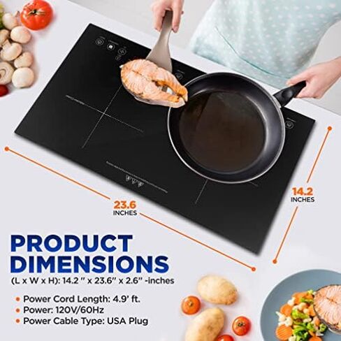 موقد الحث المزدوج - شعلة سيراميك رقمية محمولة بقوة 120 فولت مع قفل أمان للأطفال - يعمل مع مقلاة حديد الزهر المسطحة، 1800 واط، تحكم باللمس، 12 وحدة تحكم -PKSTIND49 in Kuwait