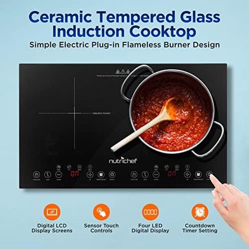 موقد الحث المزدوج - شعلة سيراميك رقمية محمولة بقوة 120 فولت مع قفل أمان للأطفال - يعمل مع مقلاة حديد الزهر المسطحة، 1800 واط، تحكم باللمس، 12 وحدة تحكم -PKSTIND49 in Kuwait