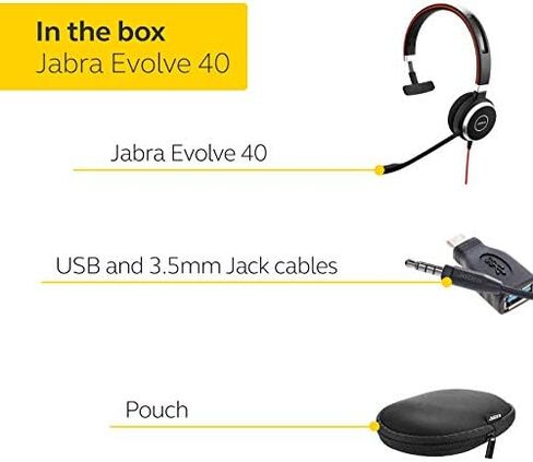 Jabra Evolve 40 UC Professional Wired Headset, Mono – Telephone Headset for Greater Productivity, Superior Sound for Calls and Music, 3.5mm Jack/USB Connection, All-Day Comfort Design, UC Optimized in Kuwait