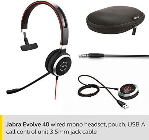 Jabra Evolve 40 UC Professional Wired Headset, Mono – Telephone Headset for Greater Productivity, Superior Sound for Calls and Music, 3.5mm Jack/USB Connection, All-Day Comfort Design, UC Optimized in Kuwait