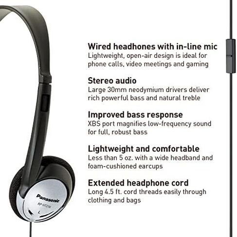 Panasonic Headphones, Lightweight Over the Ear Wired Headphones with Clear Sound and XBS for Extra Bass, Long Cord, 3.5mm Jack for Phones and Laptops – RP-HT161-K (Black) in Saudi Arabia