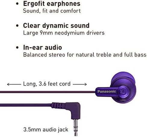 Panasonic ErgoFit Wired Earbuds, In-Ear Headphones with Dynamic Crystal-Clear Sound and Ergonomic Custom-Fit Earpieces (S/M/L), 3.5mm Jack for Phones and Laptops, No Mic - RP-HJE120-K (Black) in Saudi Arabia