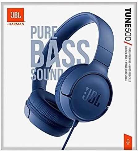 JBL Tune 500 - Wired On-Ear Headphones - Blue | JBL Pure Bass Sound, 1-button remotemic, Lightweight and foldable design, Tangle-free flat cable, Ask Siri or Google Now in Kuwait