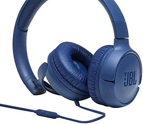 JBL Tune 500 - Wired On-Ear Headphones - Blue | JBL Pure Bass Sound, 1-button remotemic, Lightweight and foldable design, Tangle-free flat cable, Ask Siri or Google Now in Kuwait