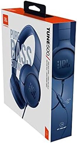 JBL Tune 500 - Wired On-Ear Headphones - Blue | JBL Pure Bass Sound, 1-button remotemic, Lightweight and foldable design, Tangle-free flat cable, Ask Siri or Google Now in Kuwait